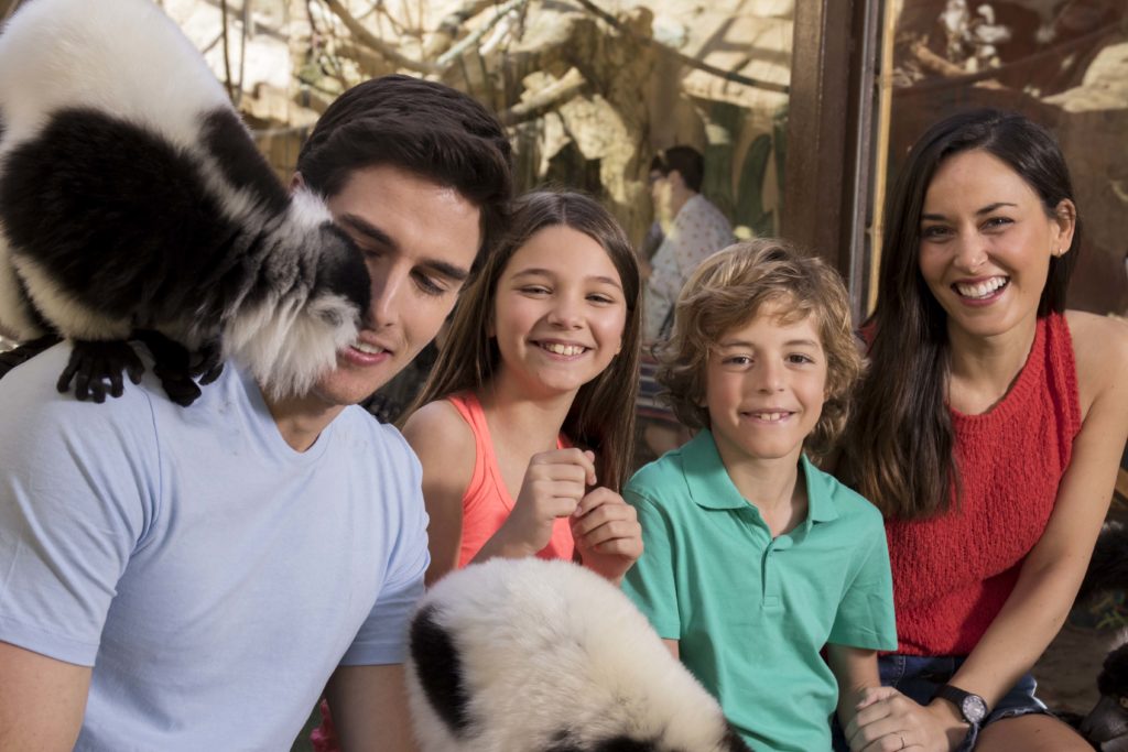 Family sitting down with lemurs in Mundomar